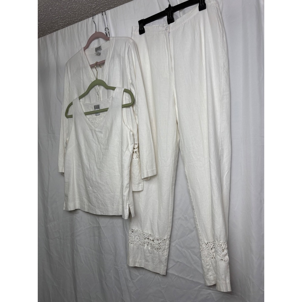 ISC White Linen Blend 3 Piece Set Crochet Lace Jacket Tank Pants Womens Medium
